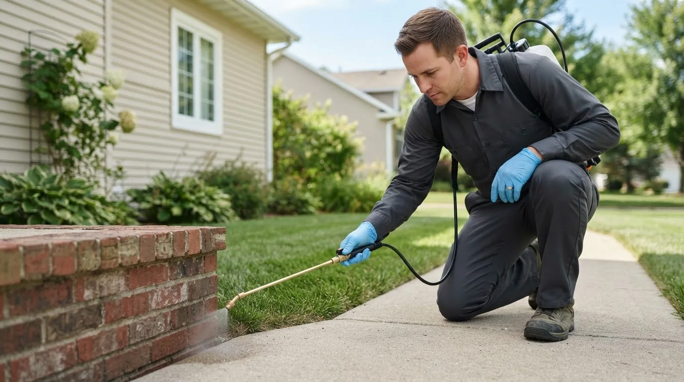 Pest control technician treating a home near Mcqueeney, TX