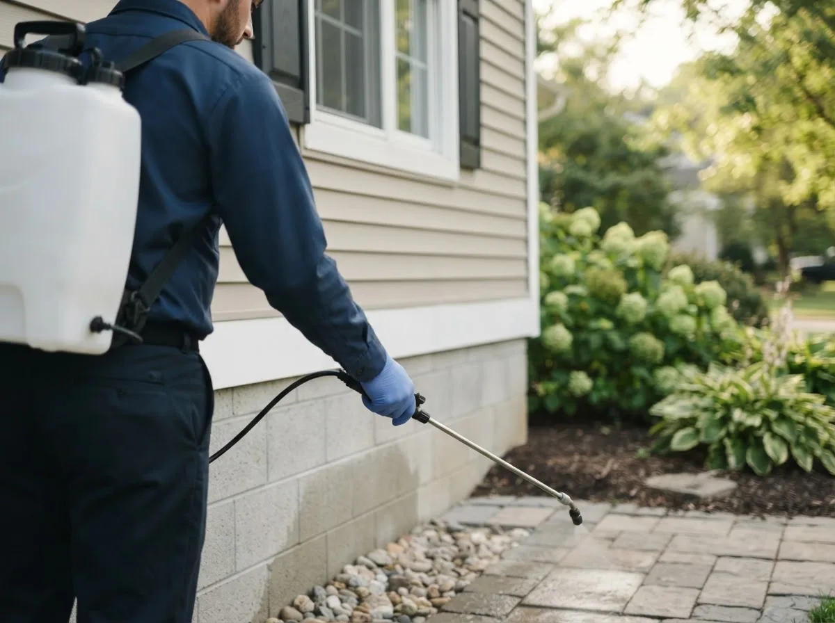 Pest control technician inspecting a home in Mcqueeney, TX